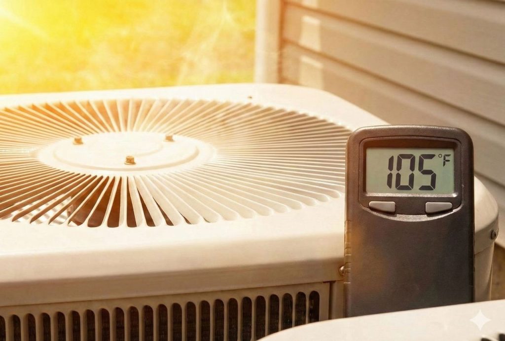 A thermometer shows 105 degrees on an outdoor unit, illustrating the extreme heat that requires 24/7 ac repair katy tx.