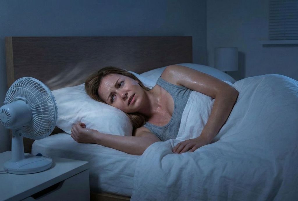 A woman unable to sleep due to heat and a broken air conditioner, highlighting the urgency for ac repair katy tx.