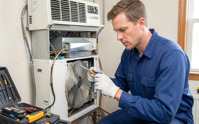 Expert technician performing an ac installation fulshear tx and ac not cooling repair by troubleshooting the outdoor wiring.