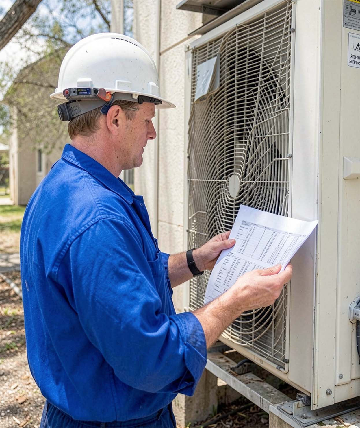 Professional hvac specialist finishing an ac installation fulshear tx while reviewing the final safety checklist.