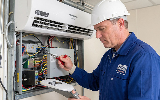 Professional hvac expert finishing a precise ac installation fulshear tx by setting up a new smart thermostat.