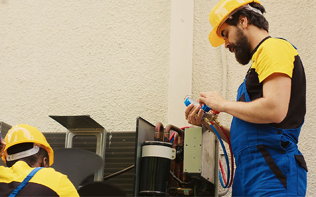 Experienced specialist completing a complex ac installation fulshear tx by inspecting the internal heater parts.