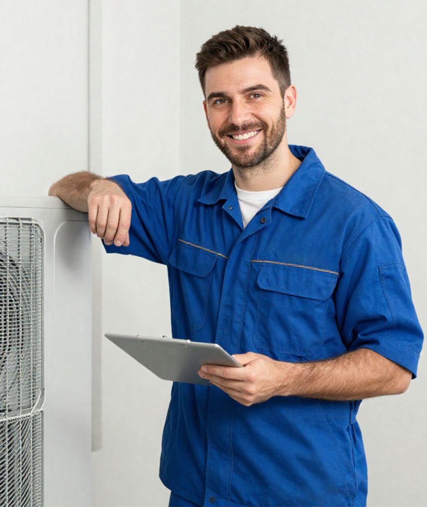 Professional HVAC technician performing a precision AC installation in Fulshear, TX while reviewing a digital checklist.