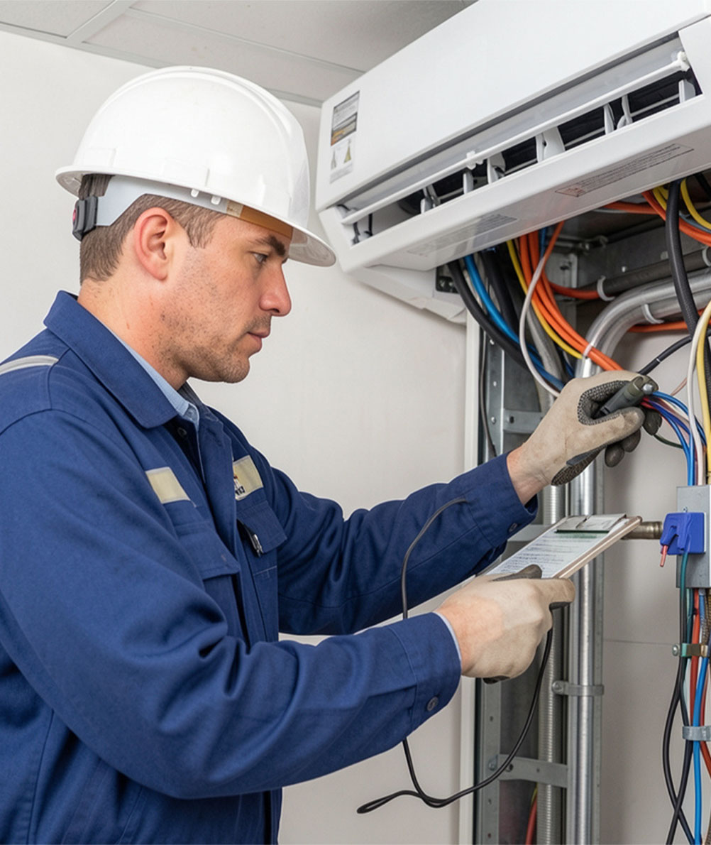 Professional expert performing an ac maintenance fulshear tx by adjusting refrigerant pressure levels with gauges.