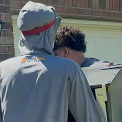 Reliable expert performing an ac maintenance fulshear tx while verifying unit details on a service clipboard.