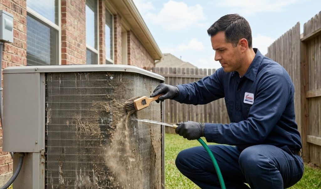 An HVAC technician actively cleans a dirty, clogged condenser coil during an intensive AC maintenance Katy Tx service.