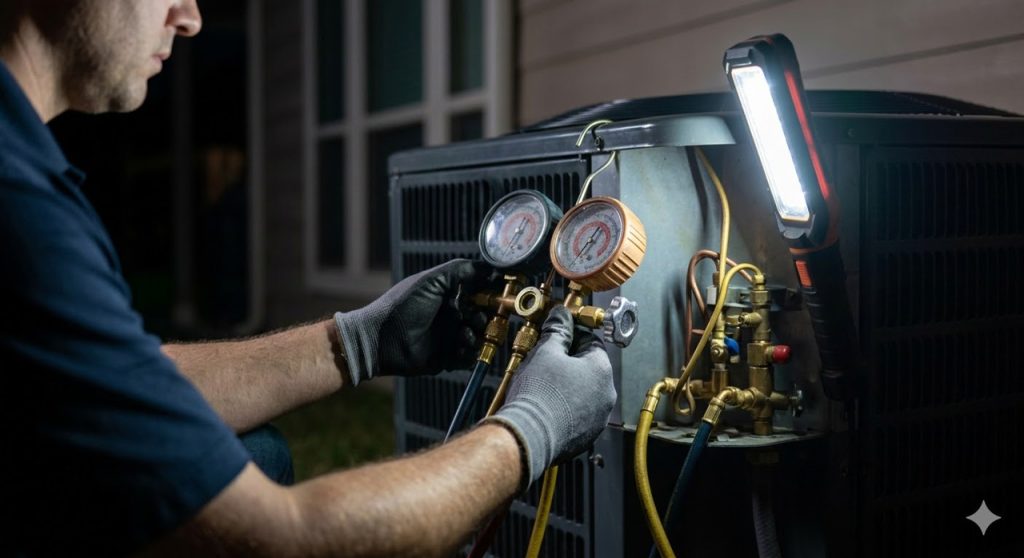 Close-up of an HVAC technician using a headlamp for complex, urgent 24/7 AC repair Katy Tx diagnostic work.