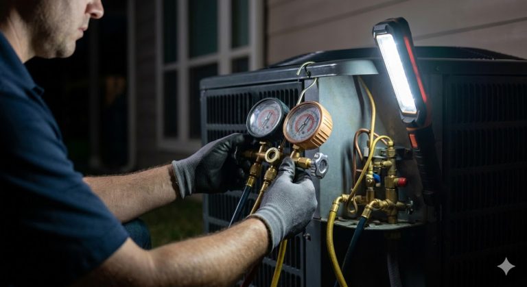 Close-up of an HVAC technician using a headlamp for complex, urgent 24/7 AC repair Katy Tx diagnostic work.