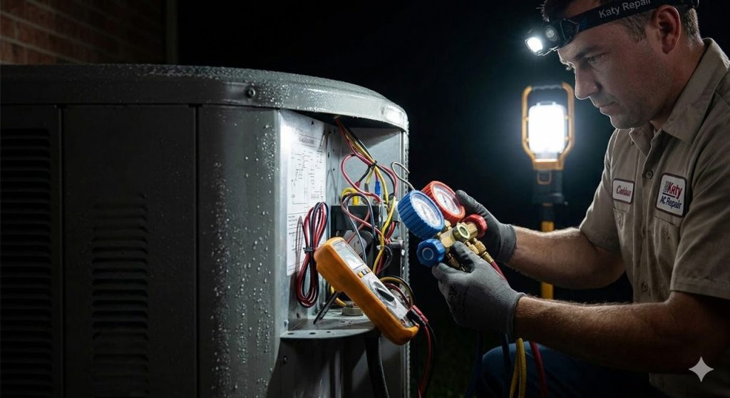 Close-up of technician using headlamp and work light for urgent 24/7 AC repair Katy Tx call on complex unit.