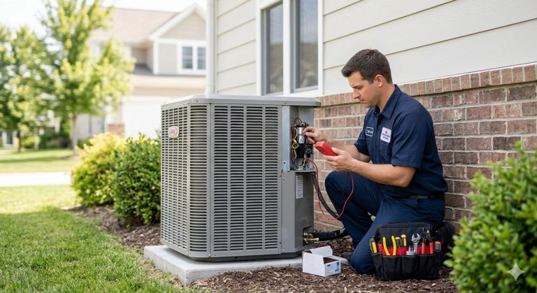 An HVAC pro checks a condenser. Essential AC maintenance Katy Tx ensures peak home cooling performance all summer long.