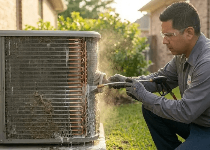 An HVAC professional carefully power washes dirty AC condenser coils, promoting a free quote AC repair Katy Tx.