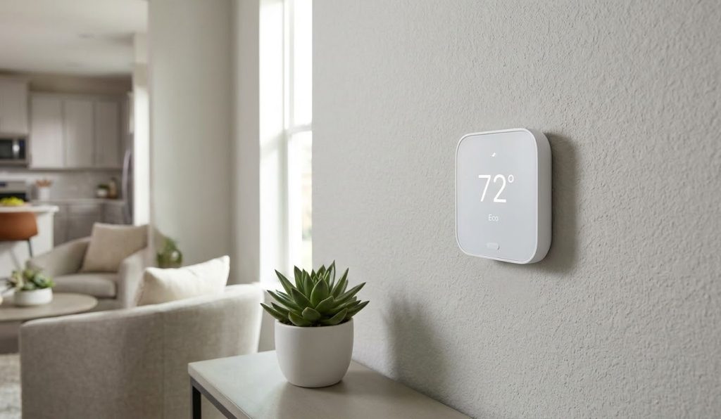 Modern sleek white smart thermostat in a living room to upgrade to smart thermostats Katy Tx for better home efficiency.