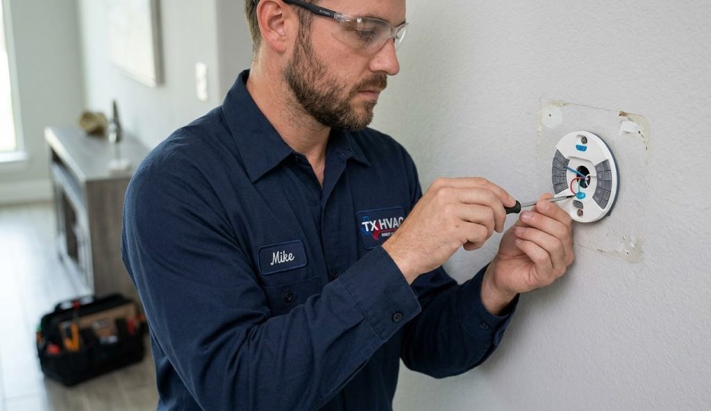 Professional HVAC technician installs a new unit as you upgrade to smart thermostats Katy Tx for maximum home efficiency.