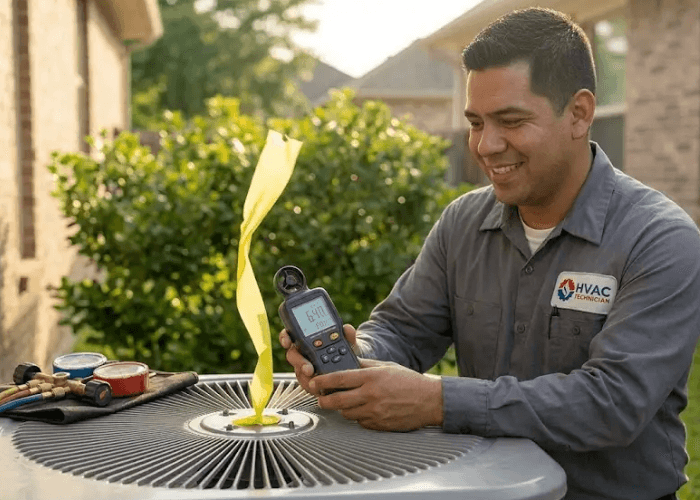 Smiling technician uses a meter to test airflow on a home AC unit, offering a free quote AC repair Katy Tx.