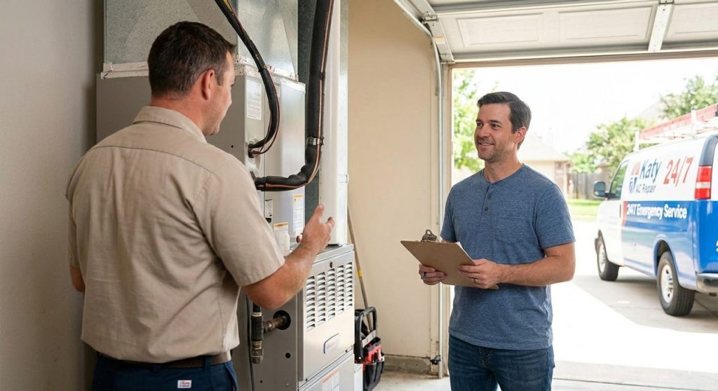 A standard, scheduled daytime 24/7 AC repair Katy Tx call where a technician explains the unit to a calm homeowner.