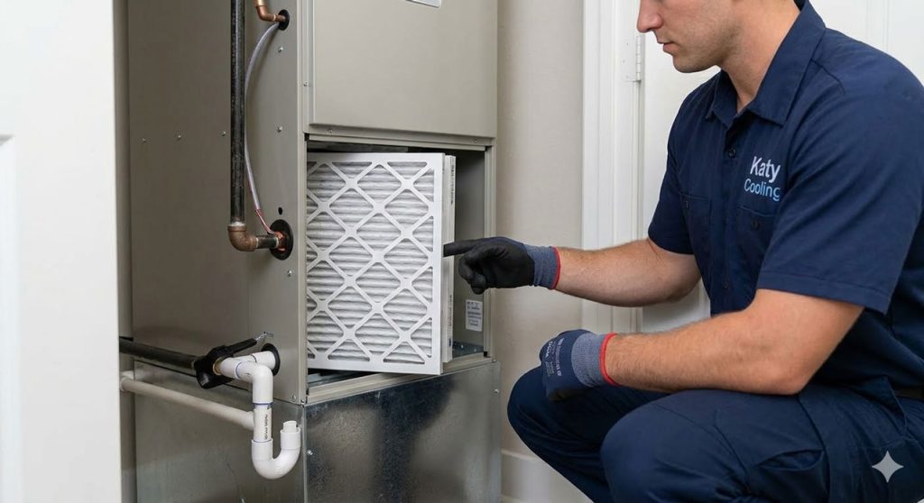 A technician in uniform installs a fresh air filter. Regular filter checks are vital for effective AC maintenance Katy Tx.