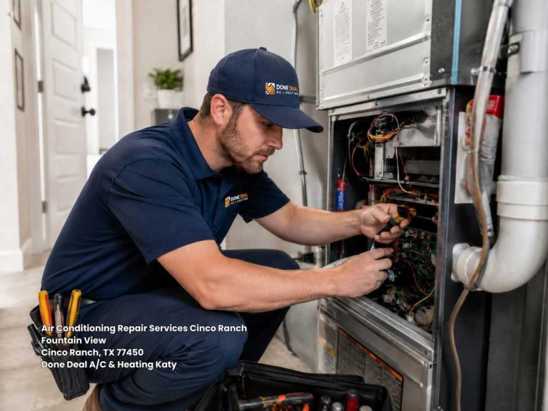 HVAC technician performing expert air conditioning repair services Katy TX on an indoor air handler system.