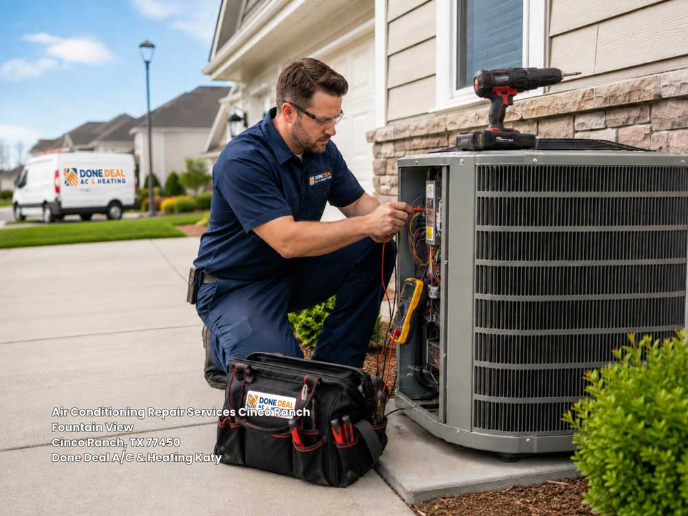 Professional technician providing air conditioning repair services Katy TX on an outdoor unit in Cinco Ranch.