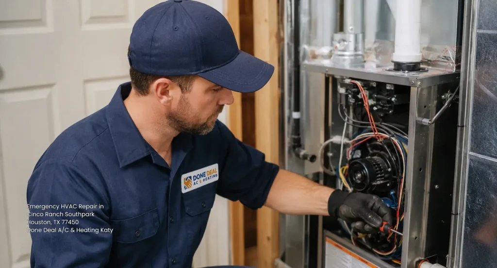 Professional technician performing emergency HVAC repair Katy TX on an indoor furnace system with tools.