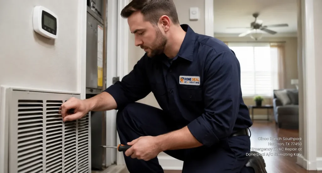 Reliable technician providing emergency HVAC repair Katy TX while servicing an indoor air return vent system. 