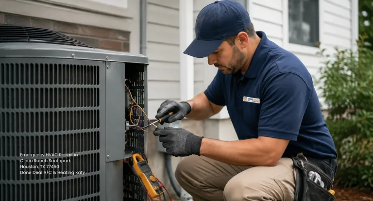 Expert technician delivering emergency HVAC repair Katy TX on an outdoor central air conditioning unit.