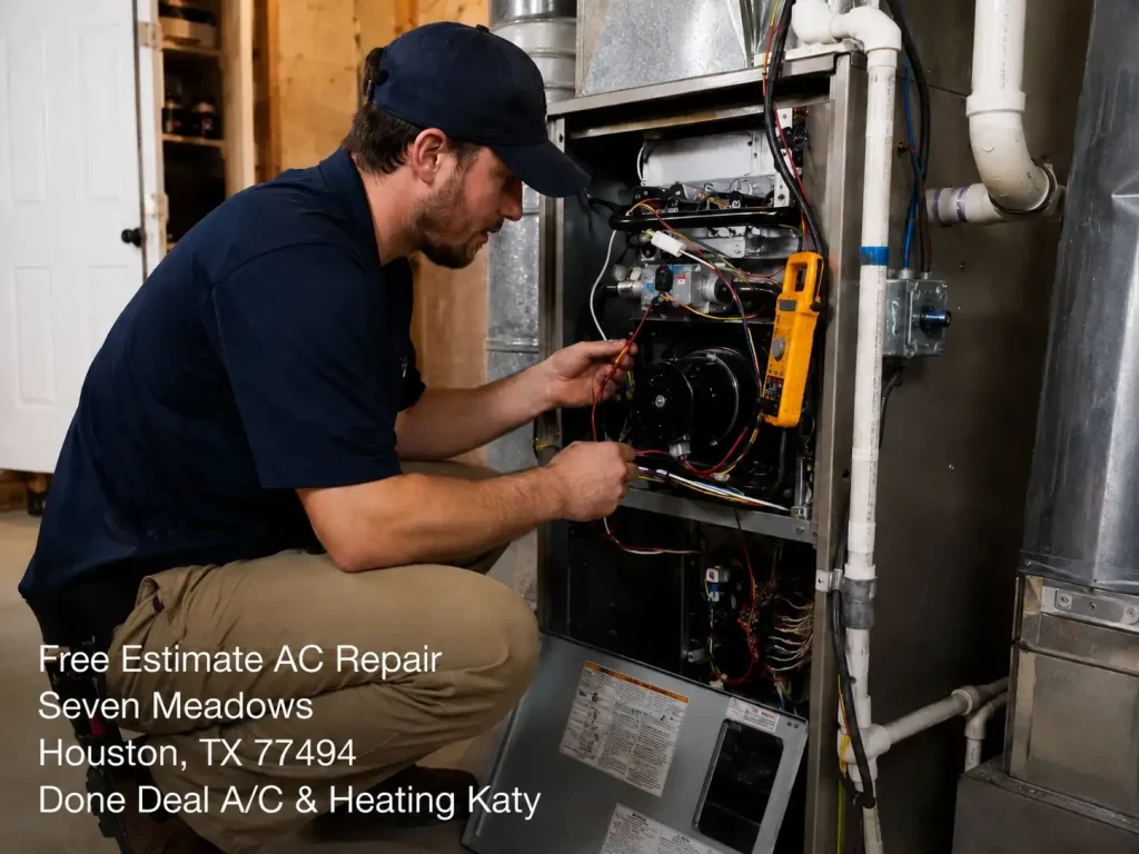 Professional HVAC technician fixing an indoor furnace unit, offering a free estimate AC repair Katy Tx service.