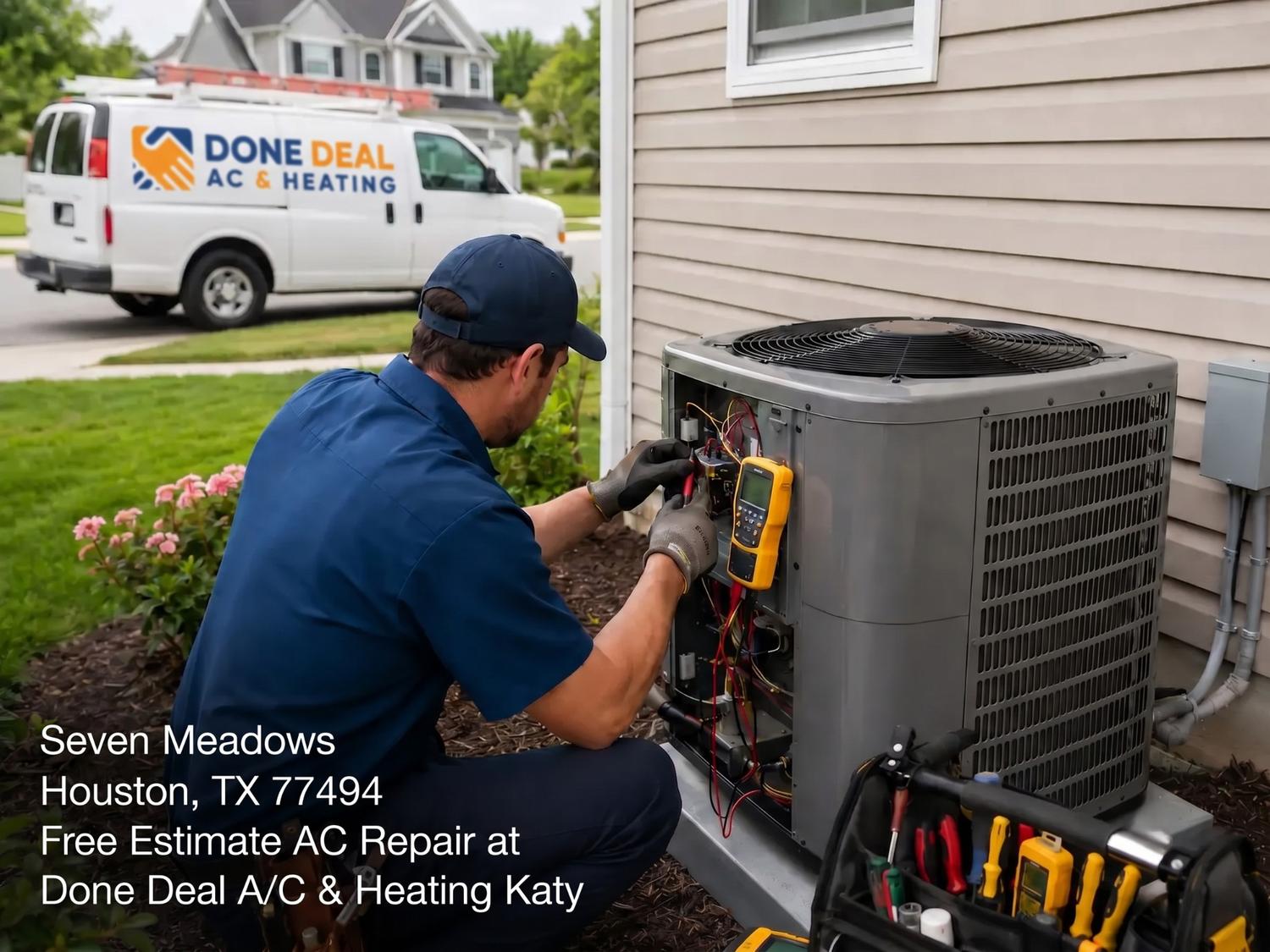 An HVAC contractor fixes an outdoor residential unit, providing a free estimate AC repair Katy Tx local service.