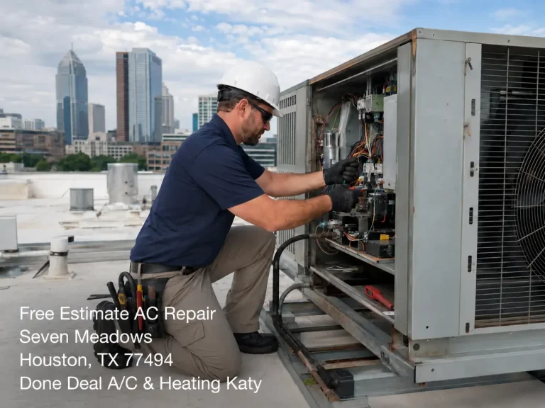 Technician services a rooftop commercial HVAC system with a free estimate AC repair Katy Tx option for business.