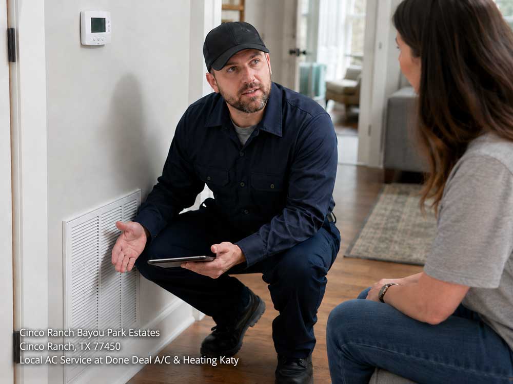 HVAC expert offering local AC service Katy TX while discussing home ventilation options with a homeowner.