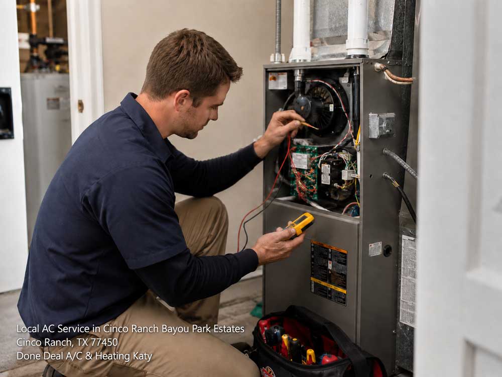 Professional technician providing local AC service Katy TX while inspecting an indoor furnace electrical panel.