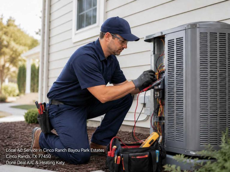 Certified technician performing local AC service Katy TX by repairing an outdoor air conditioning condenser unit.