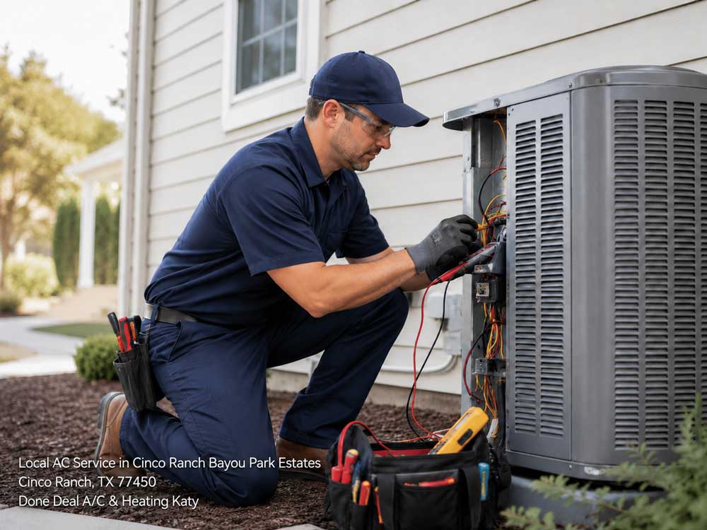 Certified technician performing local AC service Katy TX by repairing an outdoor air conditioning condenser unit.