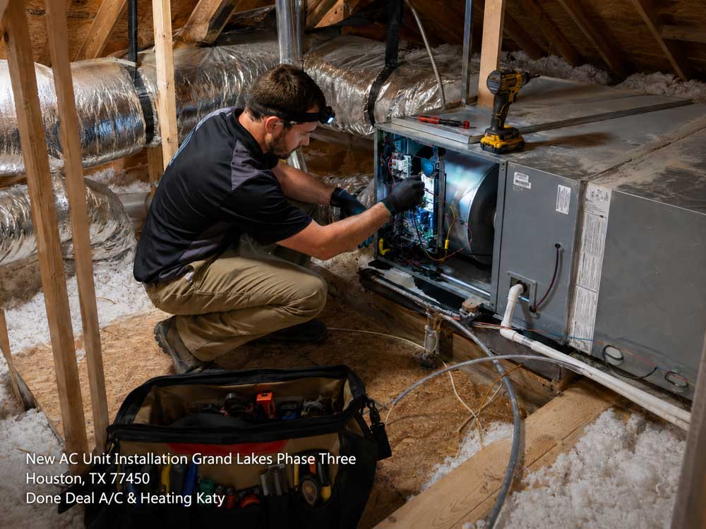 HVAC contractor performing a new ac unit installation Katy Tx inside a residential home attic with insulation.