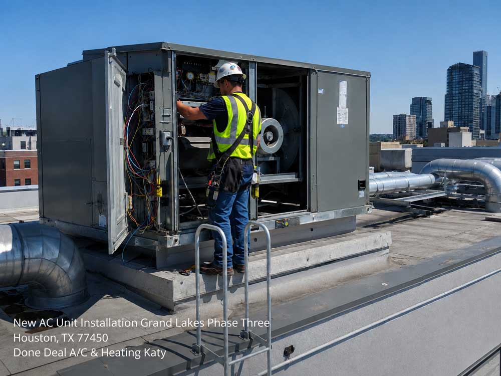 Commercial HVAC technician performing a new ac unit installation Katy Tx on a modern skyscraper rooftop system.