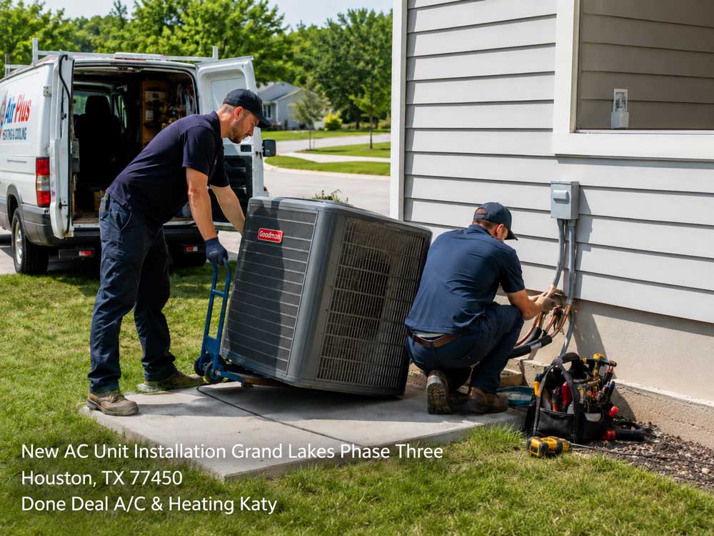 Professional HVAC technicians completing a new ac unit installation Katy Tx for a residential outdoor cooling system.