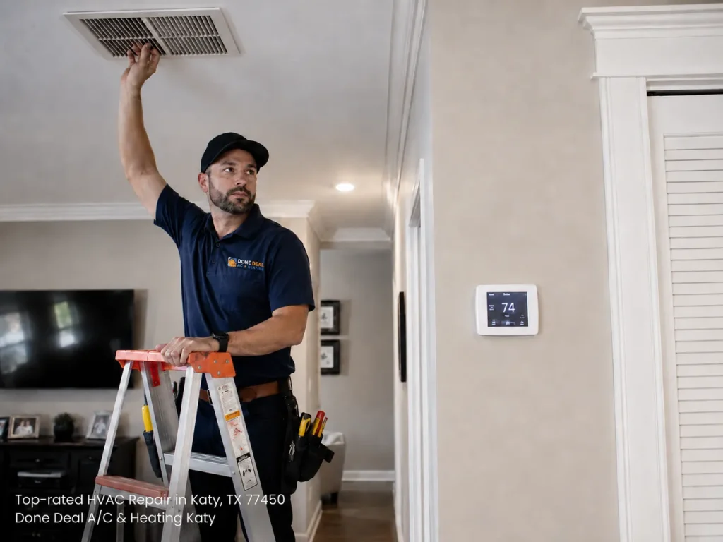 Technician on a ladder provides a top-rated HVAC repair Katy TX service by inspecting a ceiling air vent system.