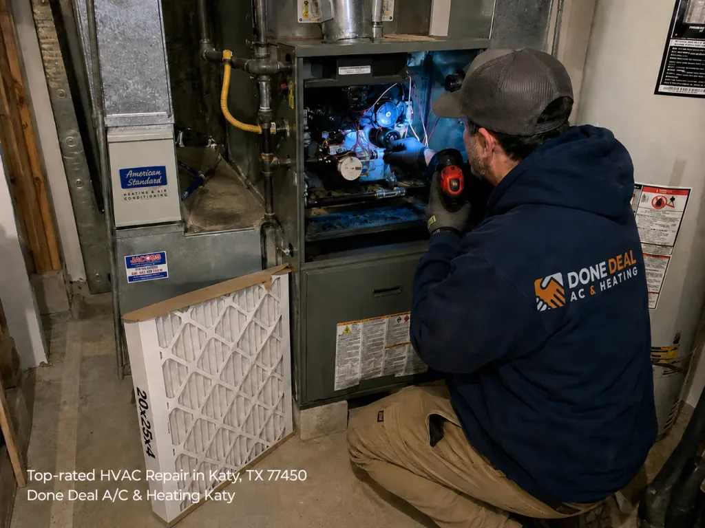 A technician performs a top-rated HVAC repair Katy TX service while checking a residential home furnace air filter.