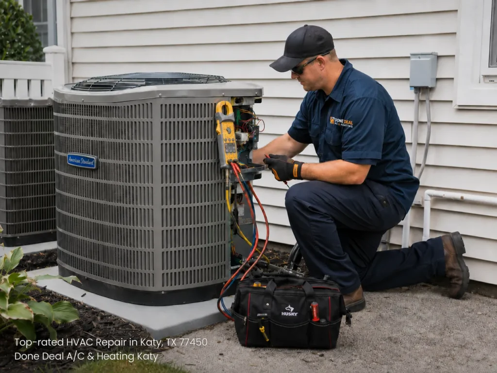 An expert technician delivers top-rated HVAC repair Katy TX by testing the electrical wiring of an outdoor AC unit.
