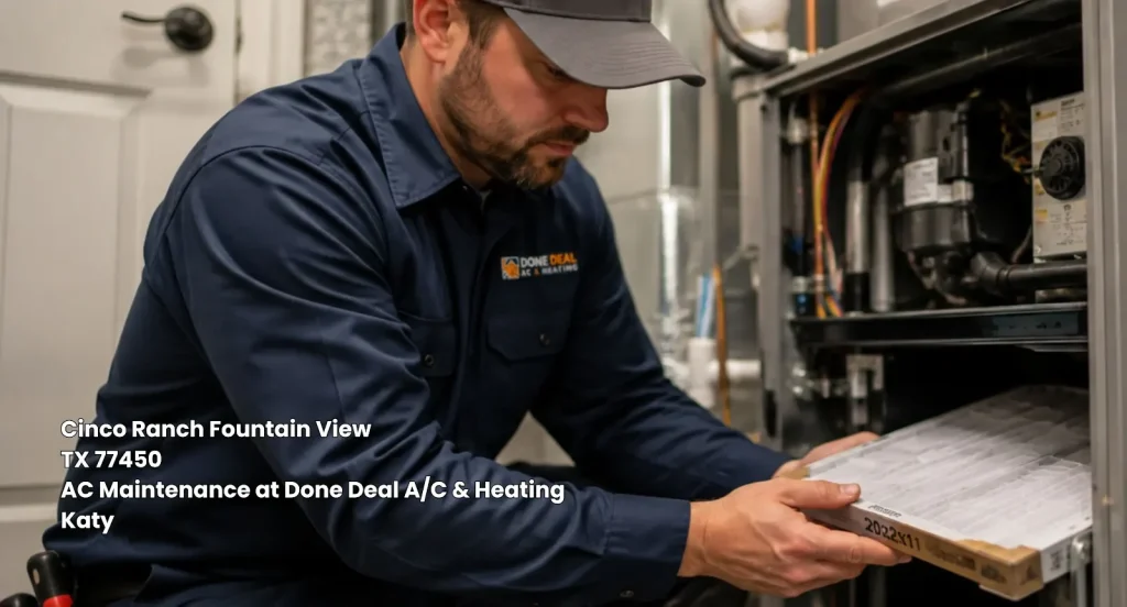 HVAC professional replacing an indoor air filter in a furnace system during a thorough AC maintenance Katy Tx service.