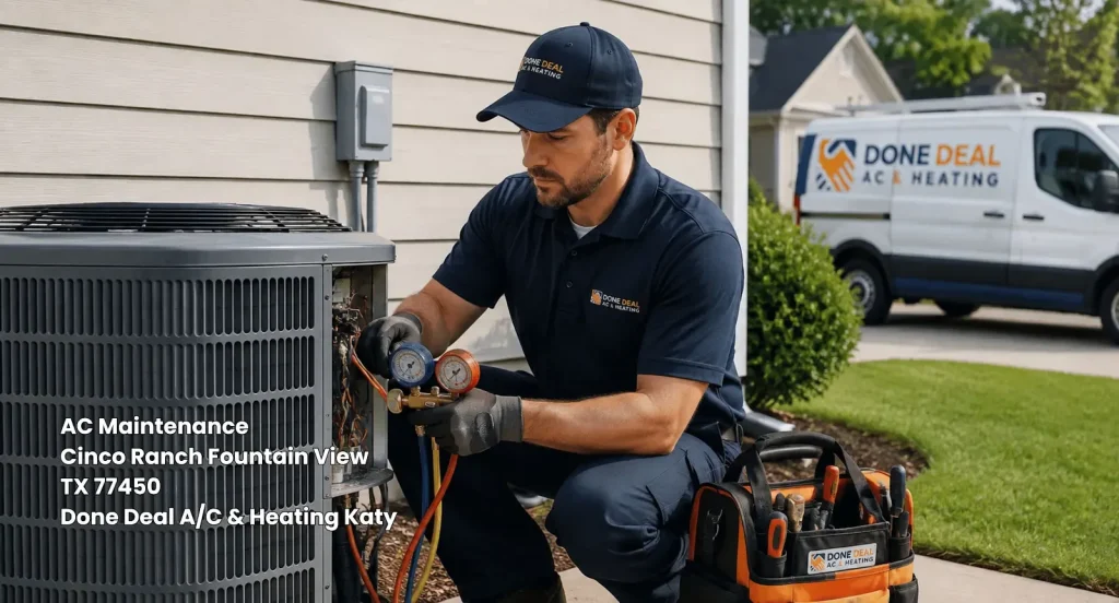 HVAC tech performing expert AC maintenance Katy Tx on an outdoor condenser unit with gauges near a Done Deal company van.