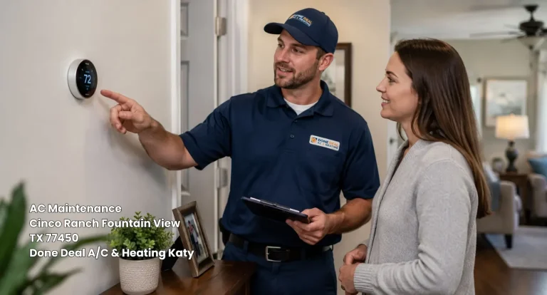 Friendly technician showing a homeowner smart thermostat settings during a routine AC maintenance Katy Tx service visit.