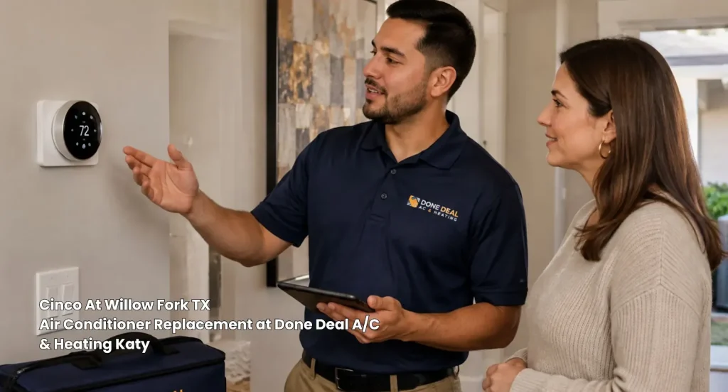 HVAC technician demonstrating smart thermostat controls to homeowner after air conditioner replacement Katy TX.