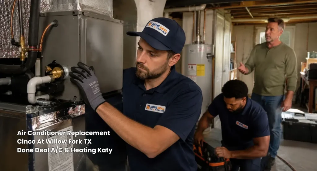 HVAC technicians installing an indoor furnace system during a full air conditioner replacement Katy TX project.