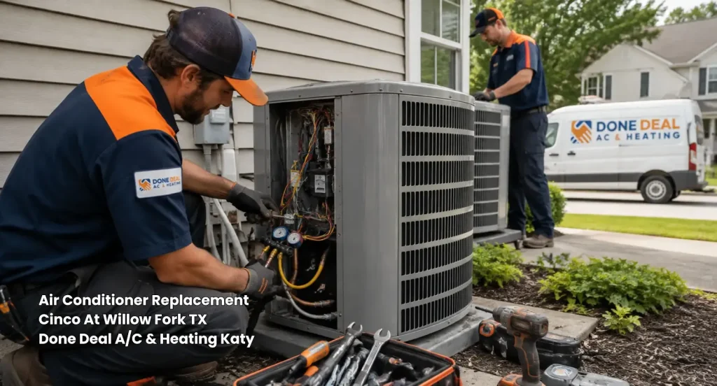 Professional HVAC technician installing outdoor unit during an air conditioner replacement Katy TX service call.