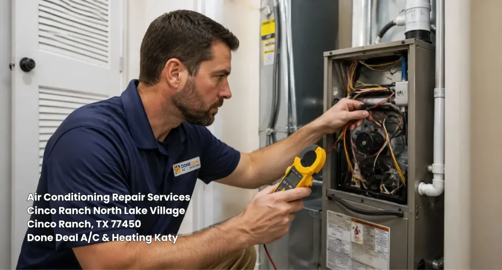 HVAC technician inspecting air return vent during professional air conditioning repair services Katy TX homes need.