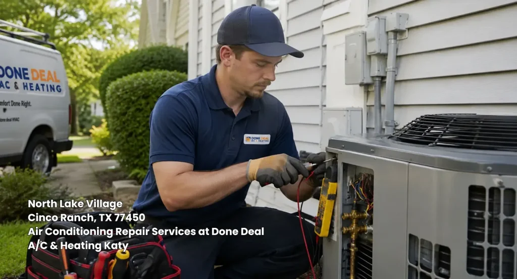 Experienced technician servicing outdoor condenser unit for reliable air conditioning repair services Katy TX.