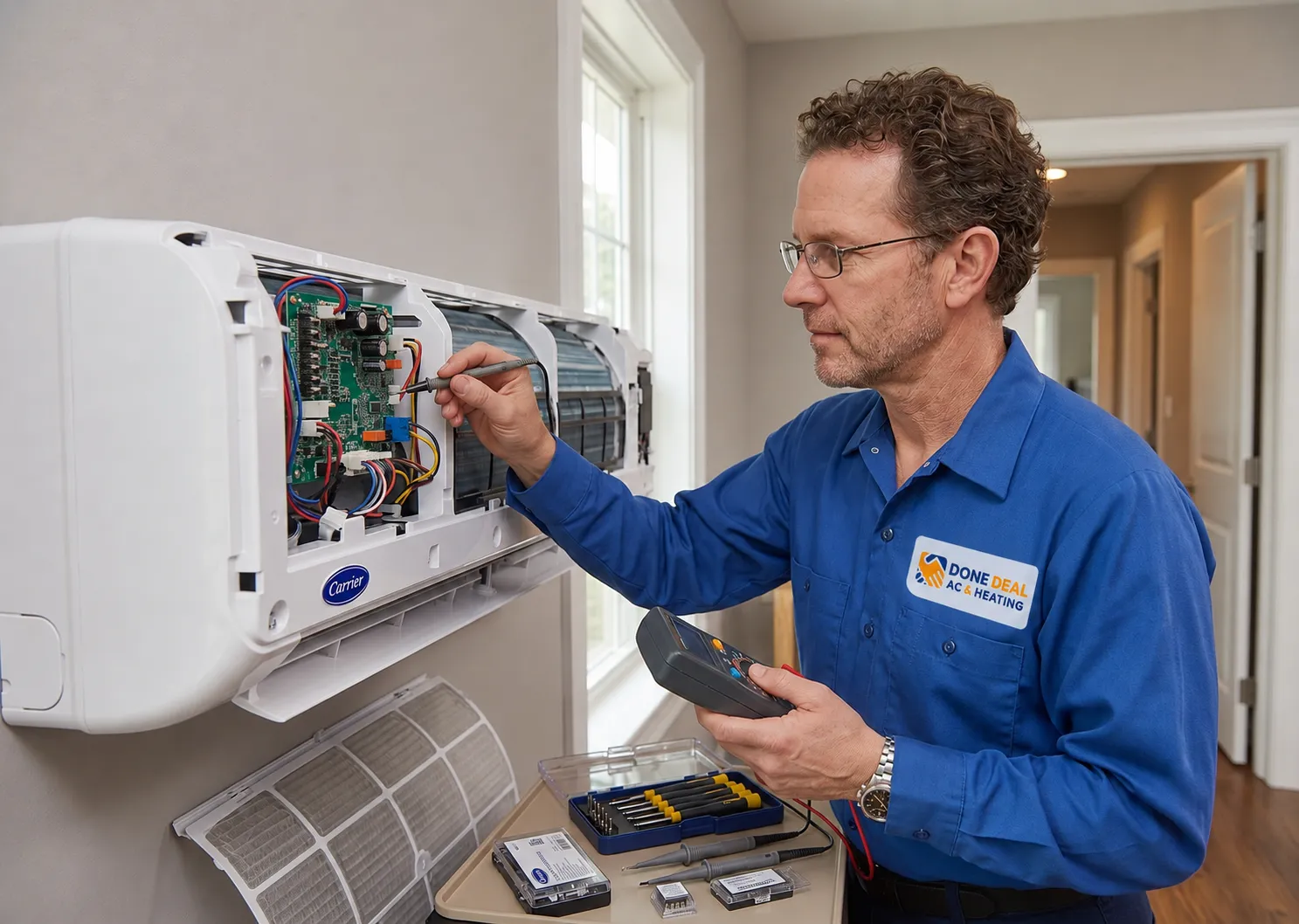 Technician testing indoor unit circuitry during a Done Deal AC and Heating Carrier AC repair Katy TX service call.