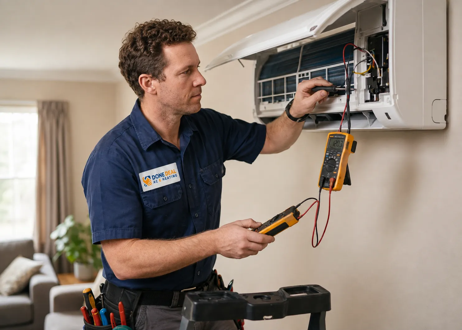 Technician on a step ladder servicing a mini-split unit during a Done Deal AC and Heating Carrier AC repair Katy TX job.