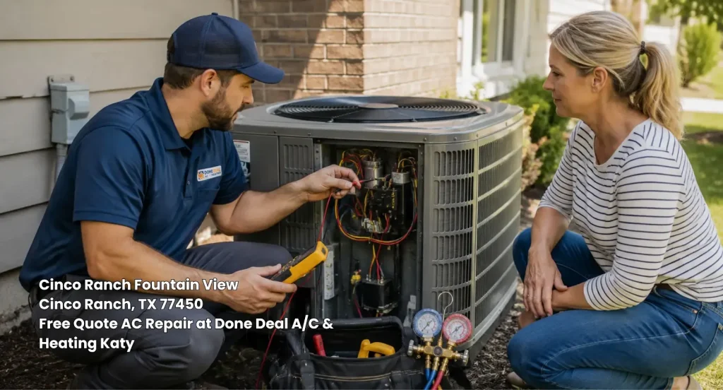 Technician testing outdoor cooling unit wiring with multimeter offering a free quote AC repair Katy TX service.