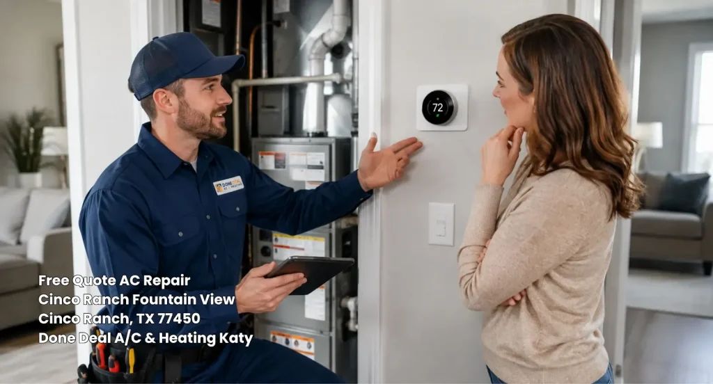 HVAC technician explaining smart thermostat settings to homeowner for a free quote AC repair Katy TX service.